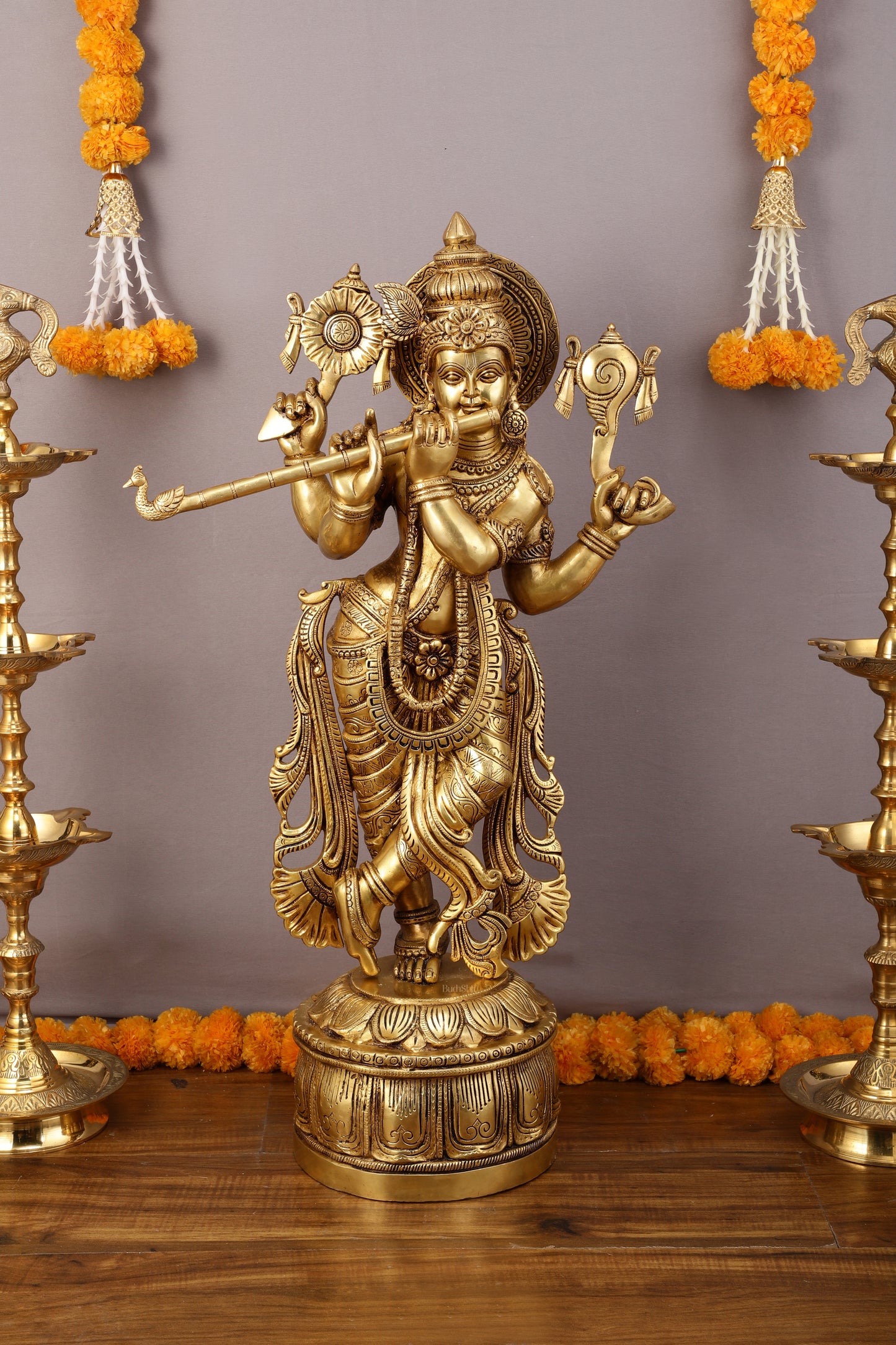 Superfine Brass Krishna Sculpture with Four Arms Holding Shankh and Chakra - 32.5 Inch