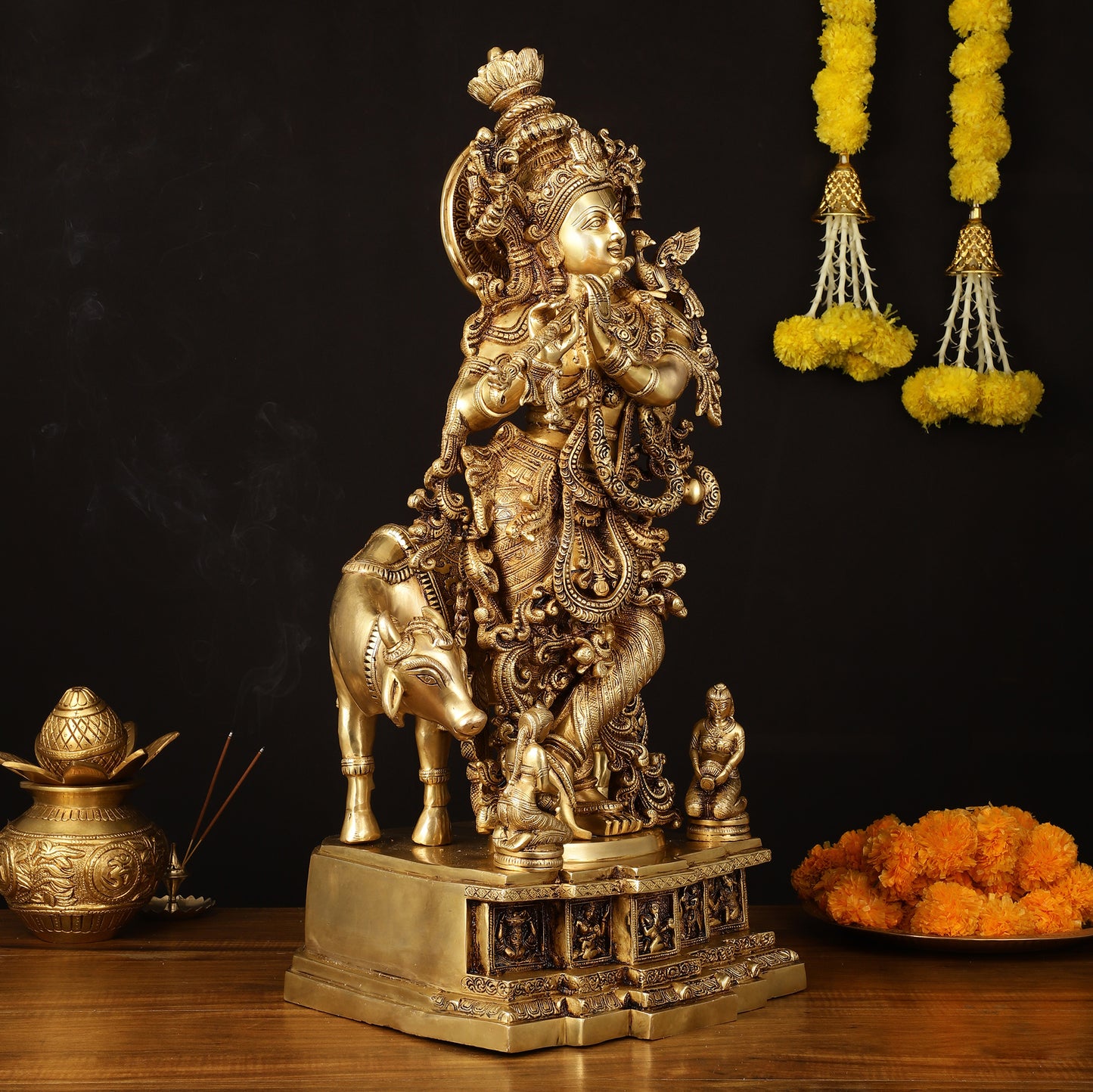 Pure Brass Lord Krishna with Cow Statue - 29" Height