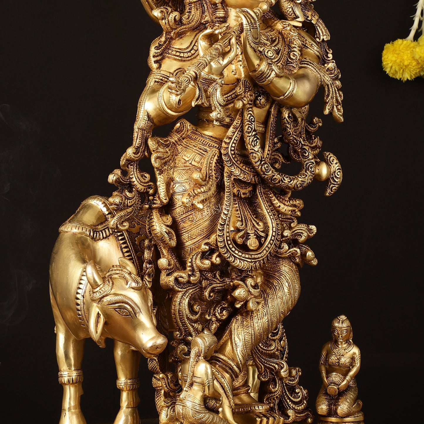 Pure Brass Lord Krishna with Cow Statue - 29" Height