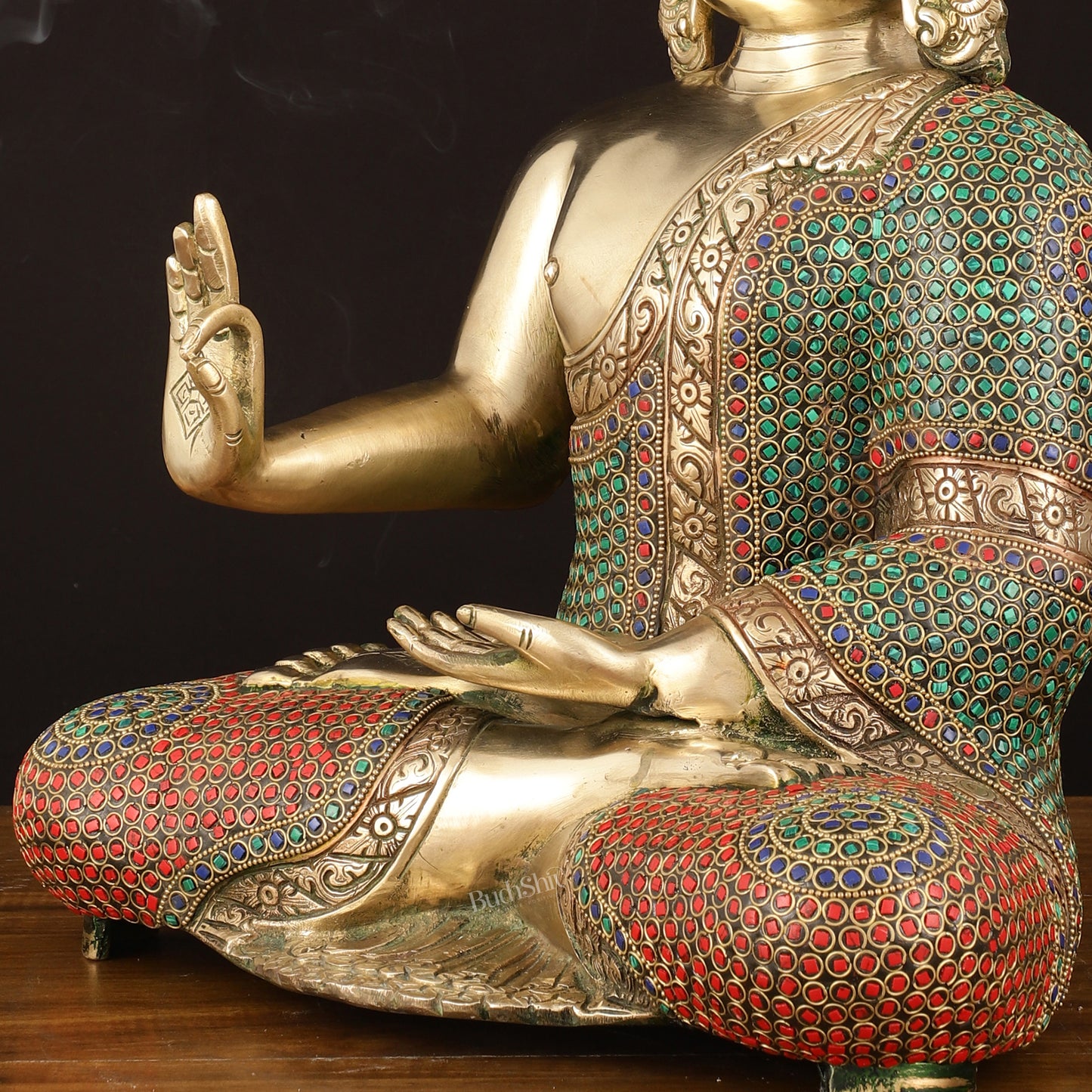 Pure Brass Lord Buddha in Blessing Mudra with Meenakari Stonework - Handcrafted Statue