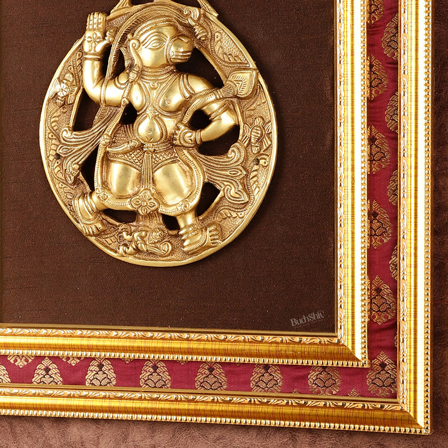 Brass Hanuman Hanging on Wooden Frame with Premium Fabric - 17" x 15"