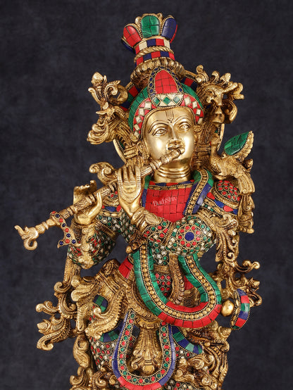 Pure Brass Superfine Lord Krishna Statue with Stonework, 27" Height