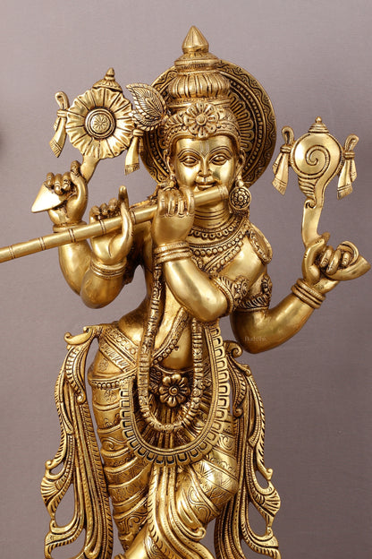 Superfine Brass Krishna Sculpture with Four Arms Holding Shankh and Chakra - 32.5 Inch