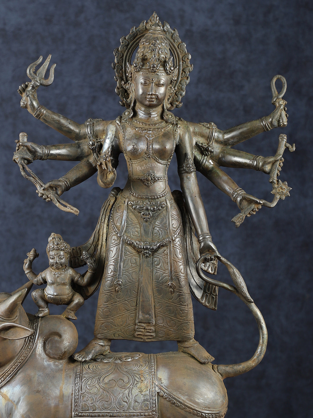 Vintage Balinese Bronze  Mahishasura Mardini Durga Statue - 22.5" H | Lost Wax Casting