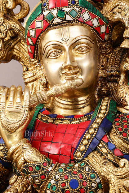 45" Brass Radha Krishna with Peacock Temple Arch Meenakari statues