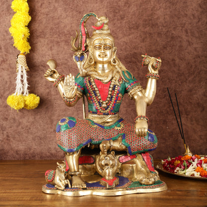 Charbhuja Shiva Brass Statue with Stonework - 18"