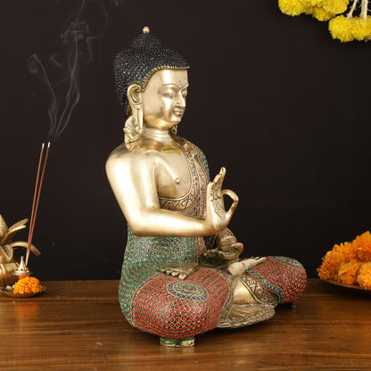 Pure Brass Lord Buddha in Blessing Mudra with Meenakari Stonework - Handcrafted Statue