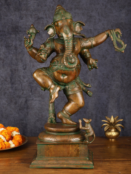 Majestic Pure Brass Large Dancing Ganapati Statue - Antique Bronze Patina with Copper, 24"