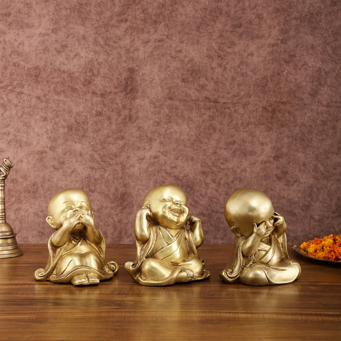 Pure Brass Large Happy Baby Monks Statues Set | 7.5-inch, 10 kg