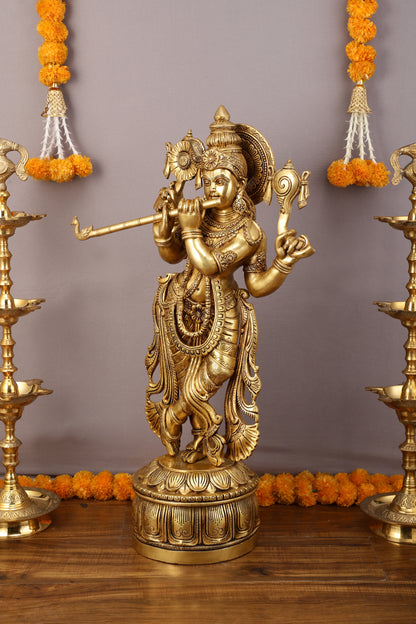 Superfine Brass Krishna Sculpture with Four Arms Holding Shankh and Chakra - 32.5 Inch