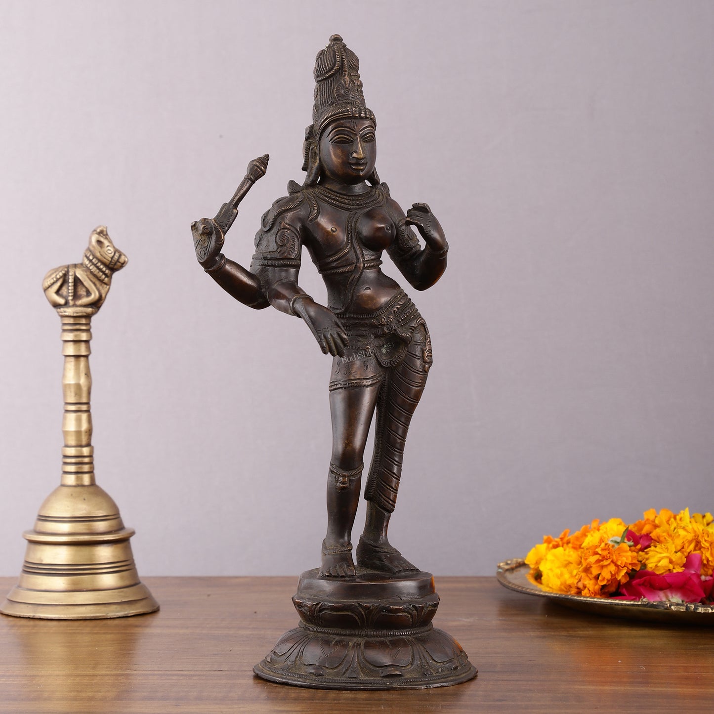 Pure Brass Ardhanarishwara Vintage Crafted Sculpture - 12.5 Inch