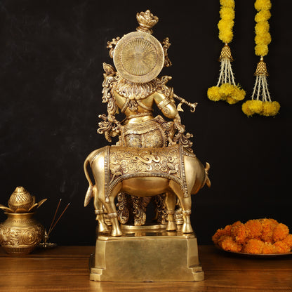 Pure Brass Lord Krishna with Cow Statue - 29" Height