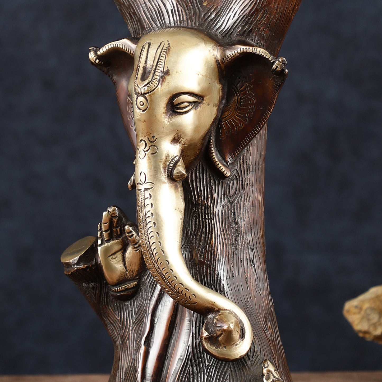 Unique Brass Ganesha Statue Carved in Tree – 12" Height,