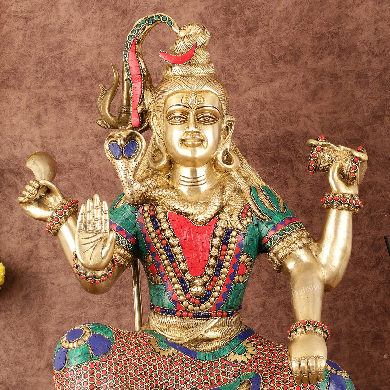 Charbhuja Shiva Brass Statue with Stonework - 18"