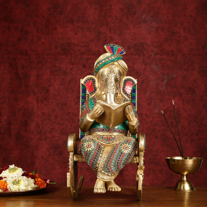Brass  reading ganapati sitting on Chair statue 17"