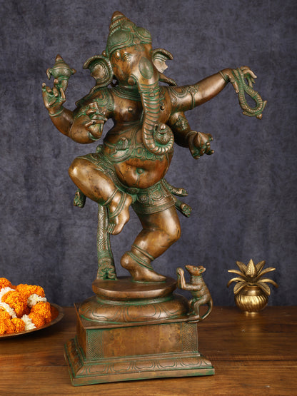 Majestic Pure Brass Large Dancing Ganapati Statue - Antique Bronze Patina with Copper, 24"