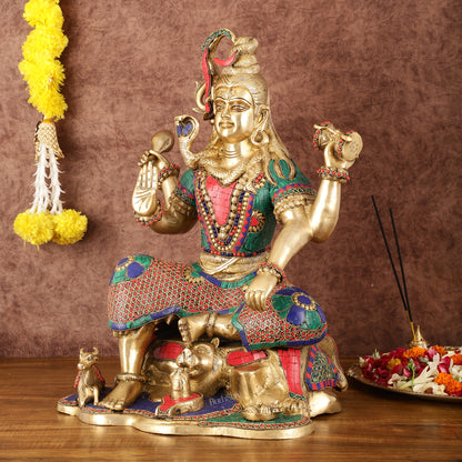 Charbhuja Shiva Brass Statue with Stonework - 18"