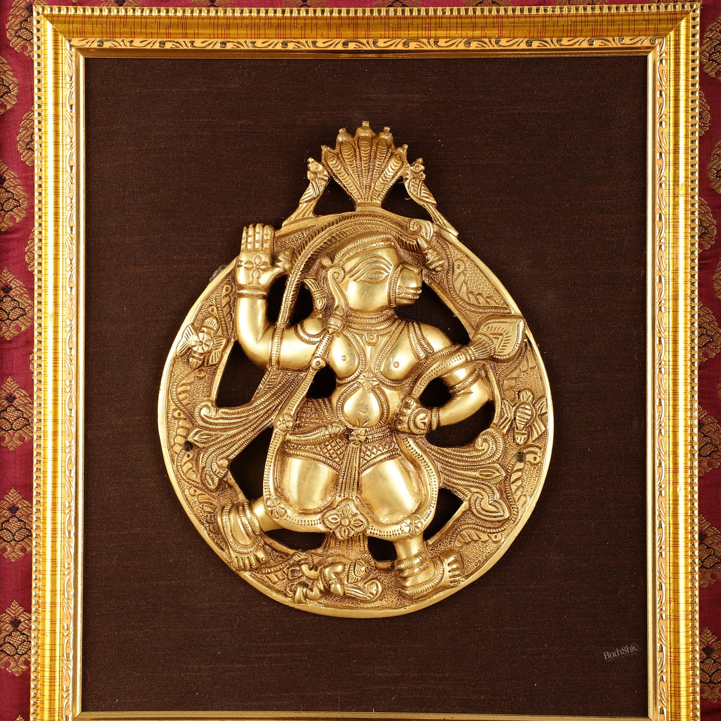 Brass Hanuman Hanging on Wooden Frame with Premium Fabric - 17" x 15"