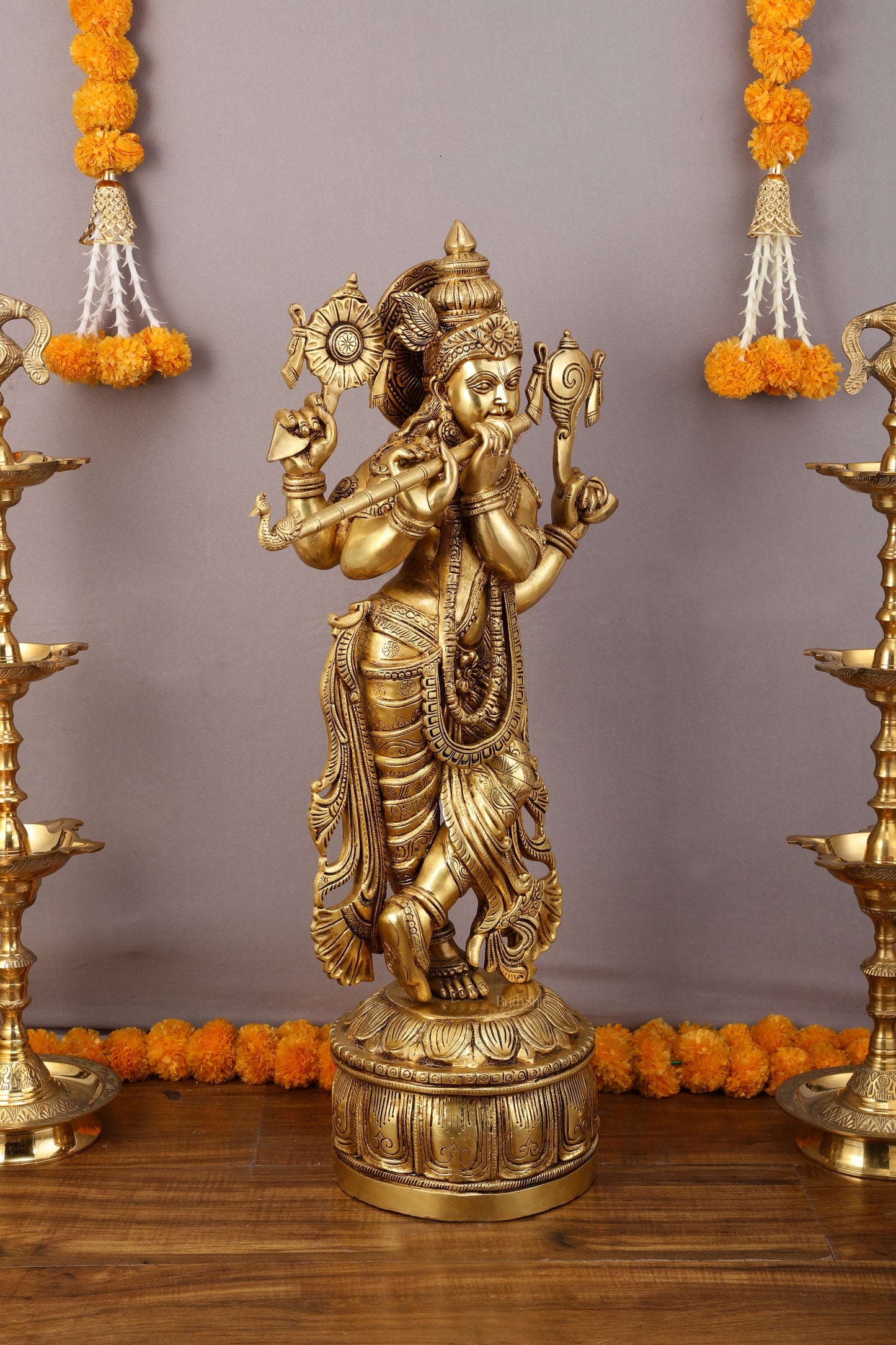 Superfine Brass Krishna Sculpture with Four Arms Holding Shankh and Chakra - 32.5 Inch