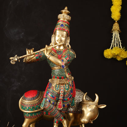 Superfine Krishna with Cow Sculpture - 25.5" Height, Meenakari Stonework