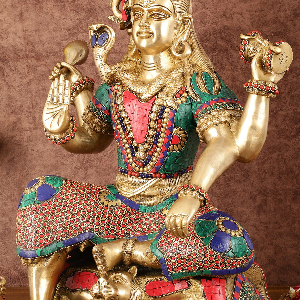 Charbhuja Shiva Brass Statue with Stonework - 18"