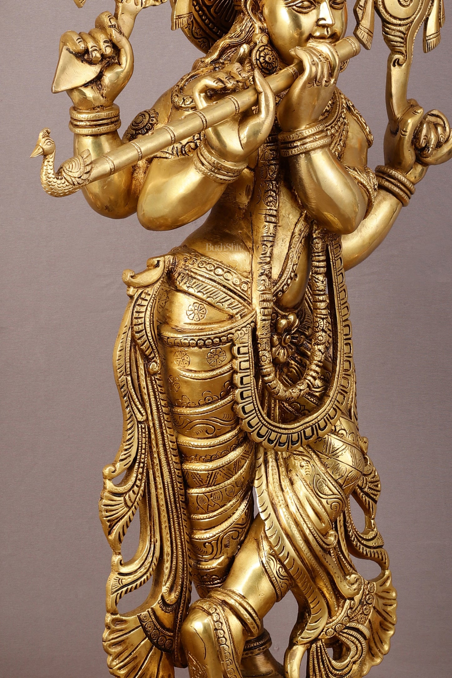 Superfine Brass Krishna Sculpture with Four Arms Holding Shankh and Chakra - 32.5 Inch