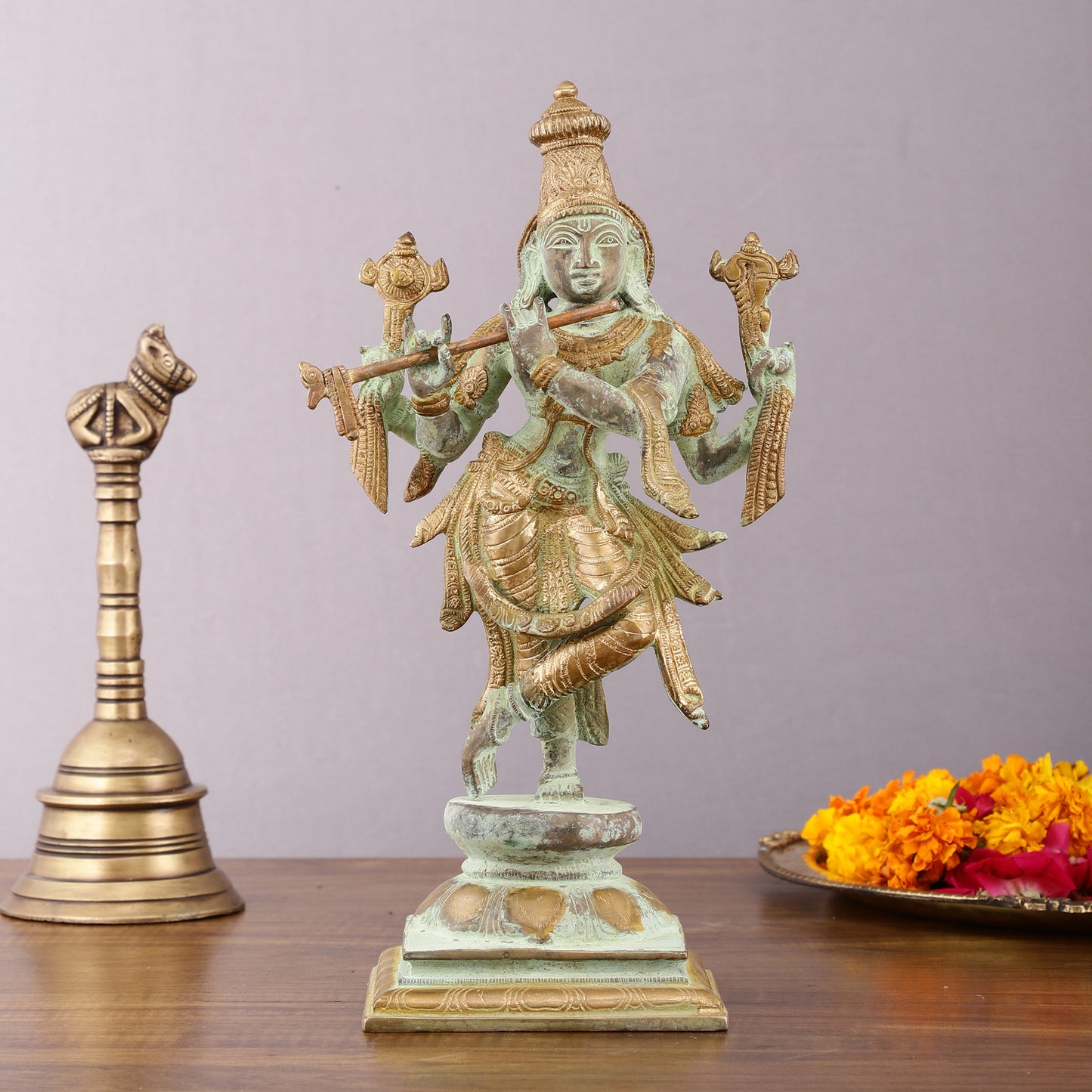 Pure Brass Krishna Roopam Vishnu Sculpture - Sand Blast Finish | 12"