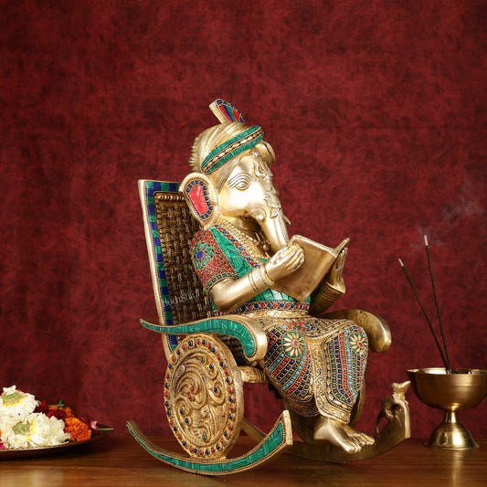 Brass  reading ganapati sitting on Chair statue 17"