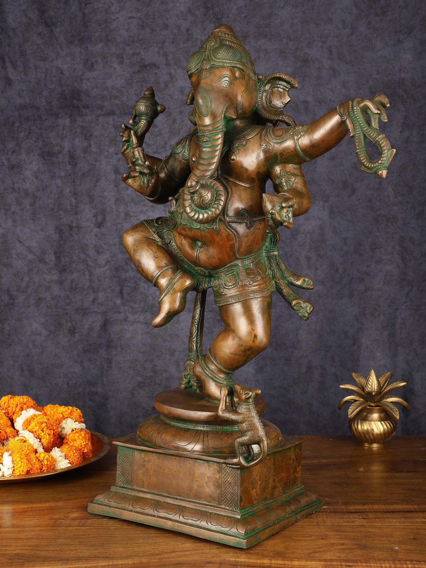 Majestic Pure Brass Large Dancing Ganapati Statue - Antique Bronze Patina with Copper, 24"