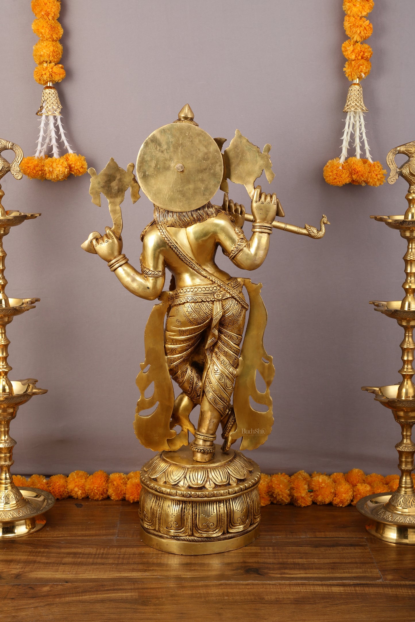 Superfine Brass Krishna Sculpture with Four Arms Holding Shankh and Chakra - 32.5 Inch