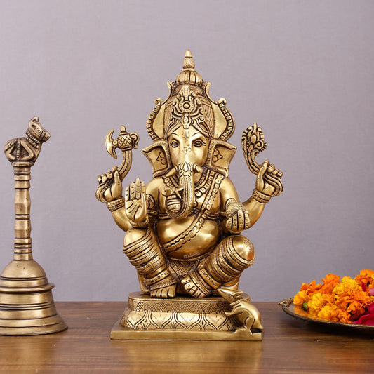 Brass Superfine Ganesha Idol with Right-Side Trunk - 11.5"