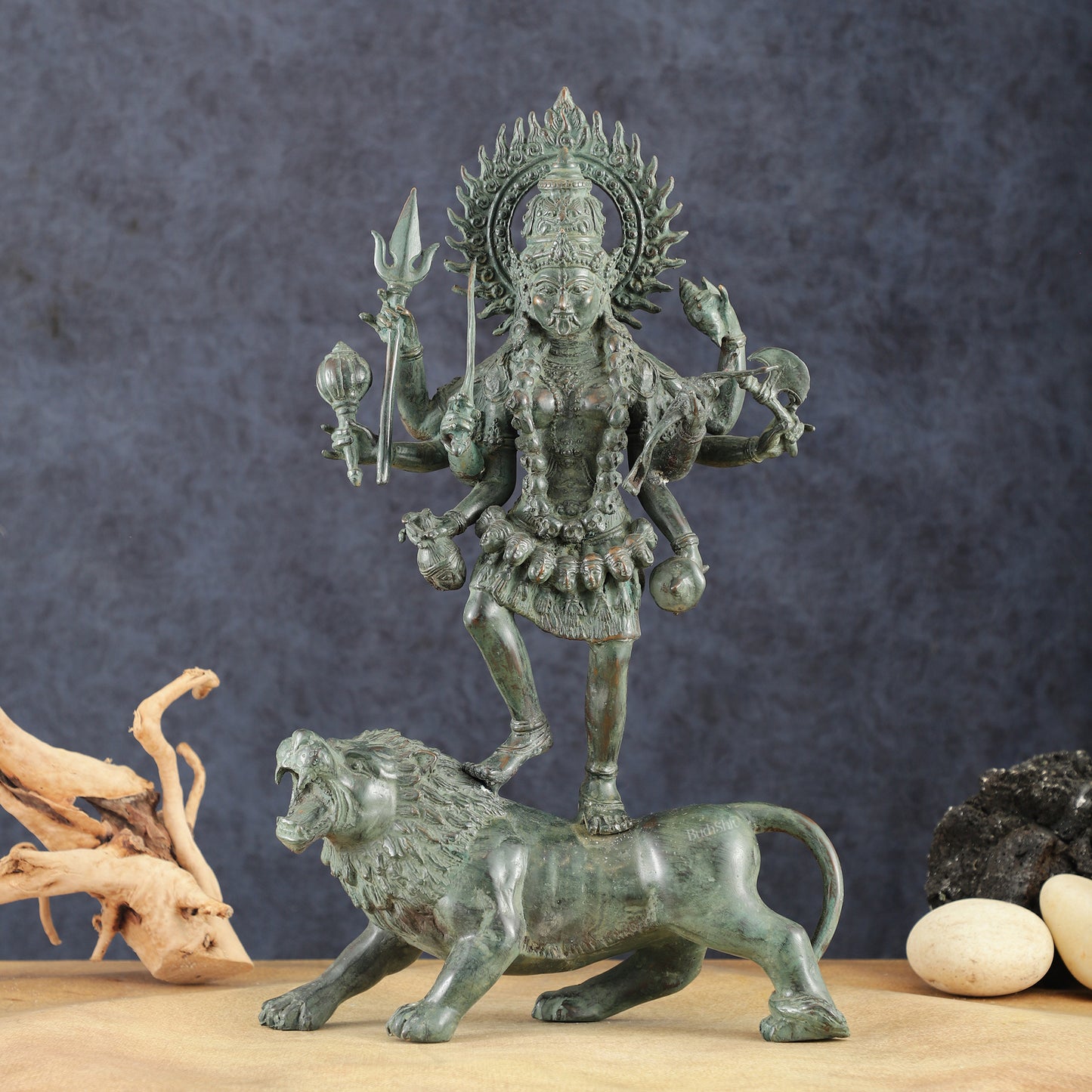 Vintage Balinese Bronze Durga Ma kali Standing on Lion Sculpture – 18.5" Height, Lost Wax Casting