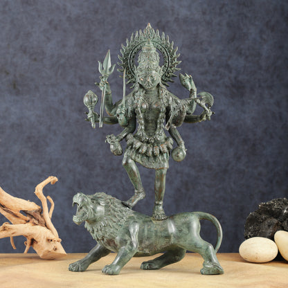 Vintage Balinese Bronze Durga Ma kali Standing on Lion Sculpture – 18.5" Height, Lost Wax Casting