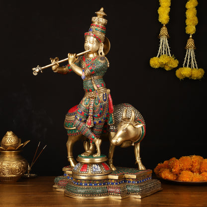 Superfine Krishna with Cow Sculpture - 25.5" Height, Meenakari Stonework