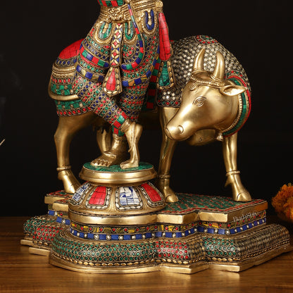 Superfine Krishna with Cow Sculpture - 25.5" Height, Meenakari Stonework