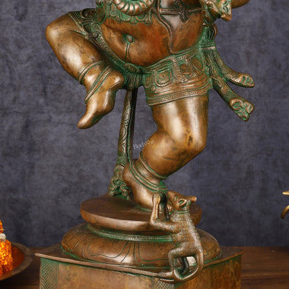 Majestic Pure Brass Large Dancing Ganapati Statue - Antique Bronze Patina with Copper, 24"