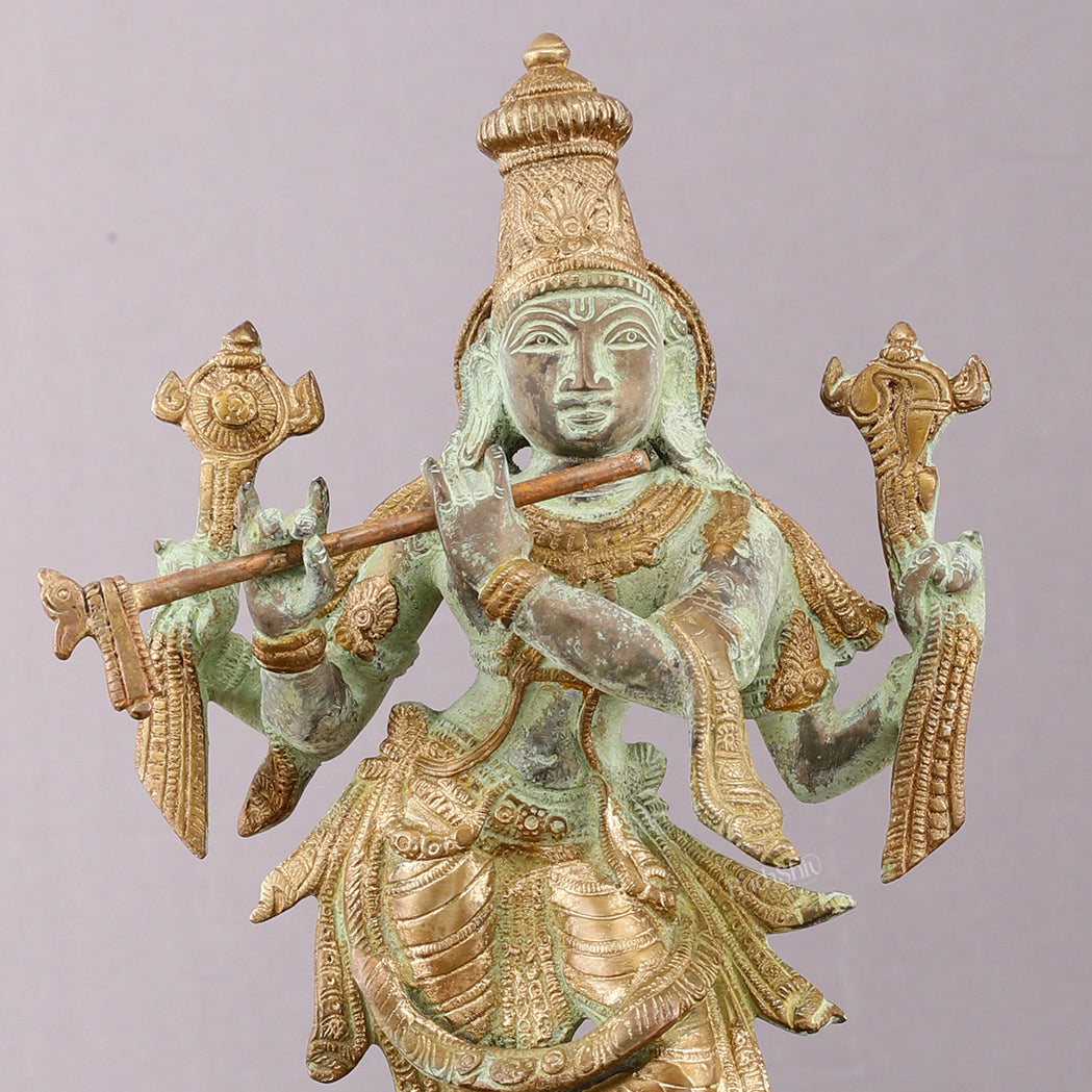 Pure Brass Krishna Roopam Vishnu Sculpture - Sand Blast Finish | 12"