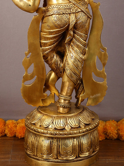 Superfine Brass Krishna Sculpture with Four Arms Holding Shankh and Chakra - 32.5 Inch