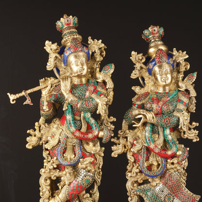 Pure Brass Radha Krishna Idols with Stonework | 30"
