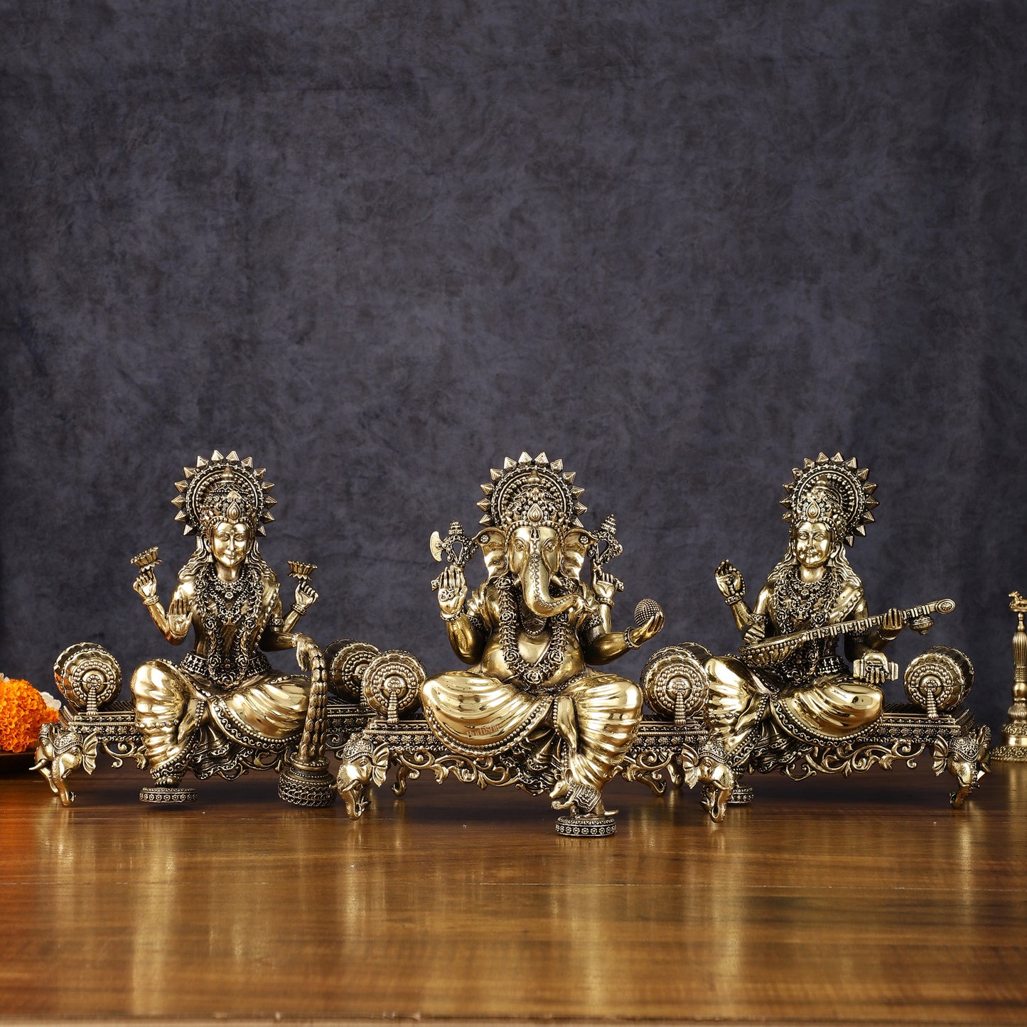 Brass Superfine Large Ganesha Lakshmi Saraswati Idol Set - 7 Inch