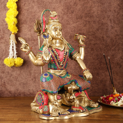 Charbhuja Shiva Brass Statue with Stonework - 18"