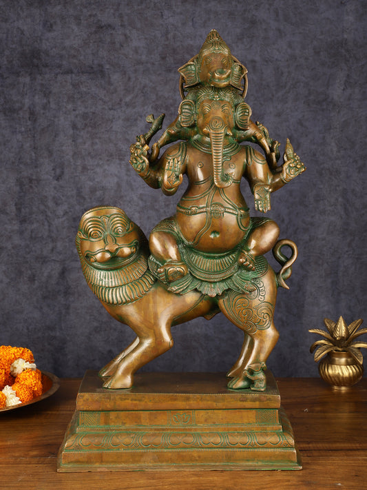 Handcrafted Heramba Ganapati Statue - 22.5" Antique Bronze Patina Finish