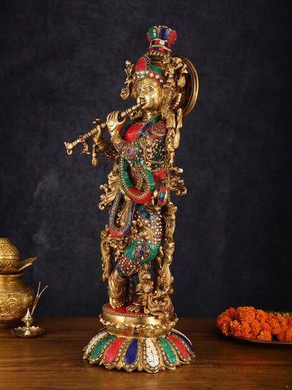 Pure Brass Superfine Lord Krishna Statue with Stonework, 27" Height