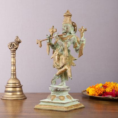 Pure Brass Krishna Roopam Vishnu Sculpture - Sand Blast Finish | 12"