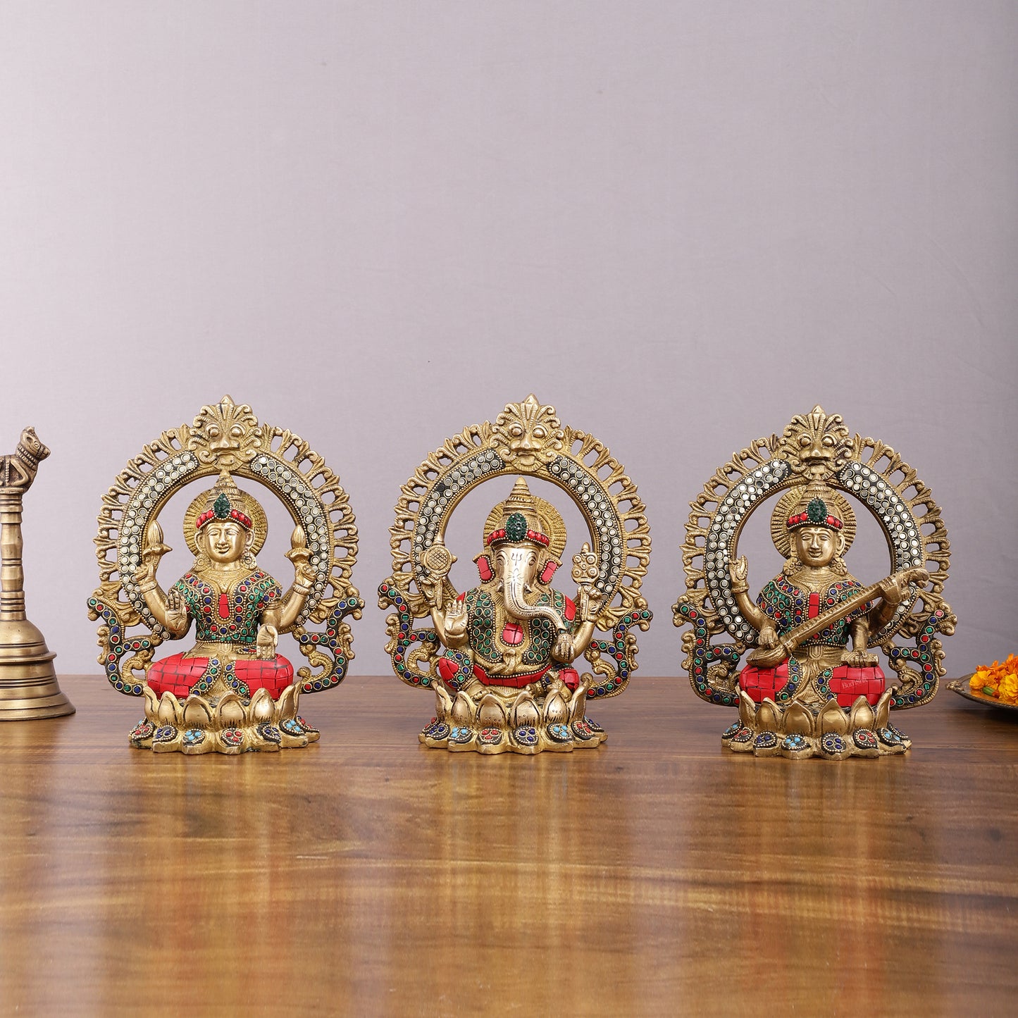 Brass Ganesha, Lakshmi, and Saraswati Idols with Meenakari Stonework 9.5"