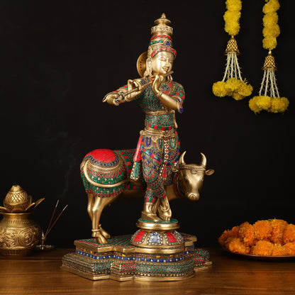 Superfine Krishna with Cow Sculpture - 25.5" Height, Meenakari Stonework