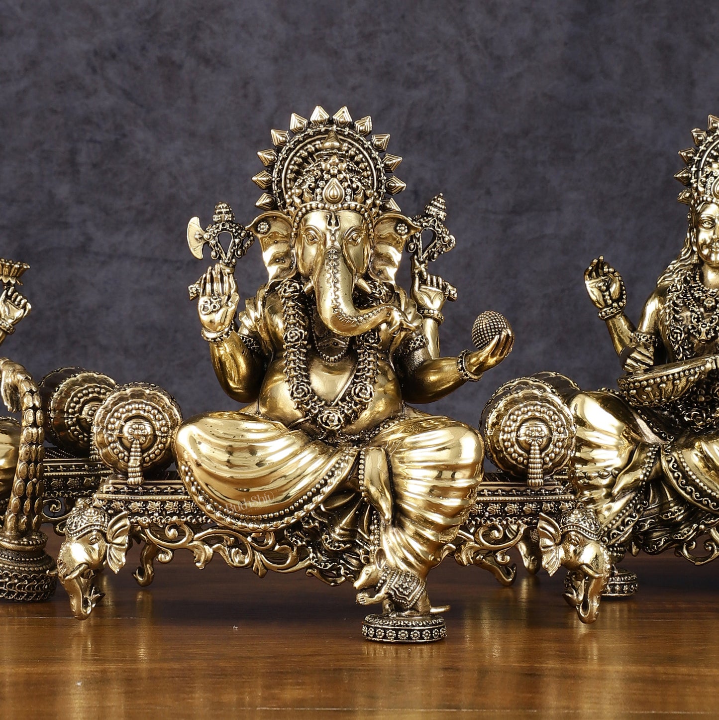 Brass Superfine Large Ganesha Lakshmi Saraswati Idol Set - 7 Inch