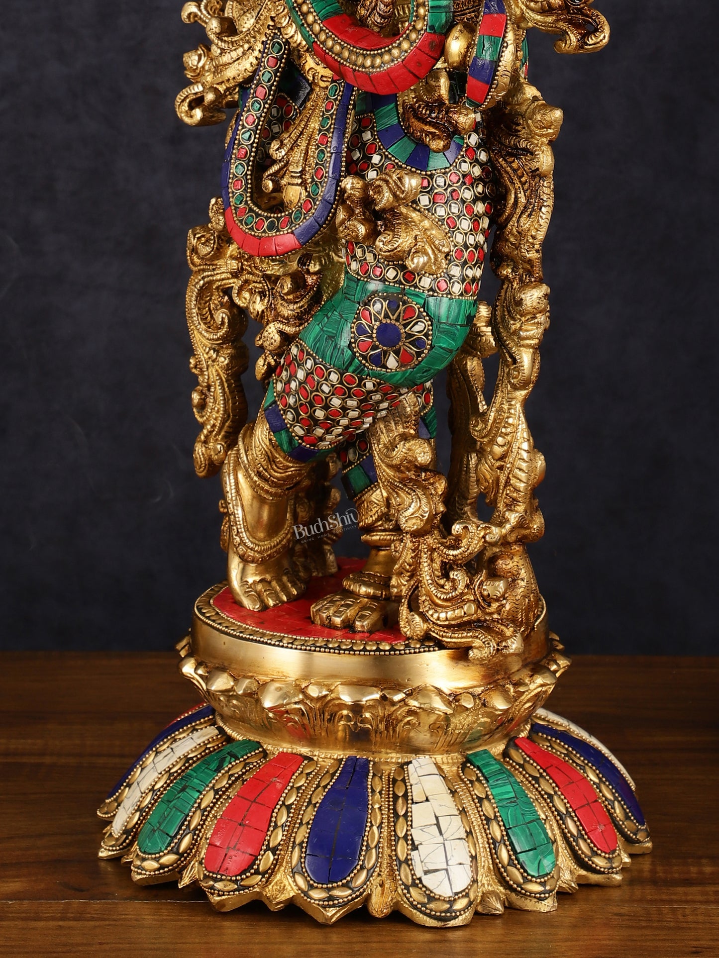 Pure Brass Superfine Lord Krishna Statue with Stonework, 27" Height