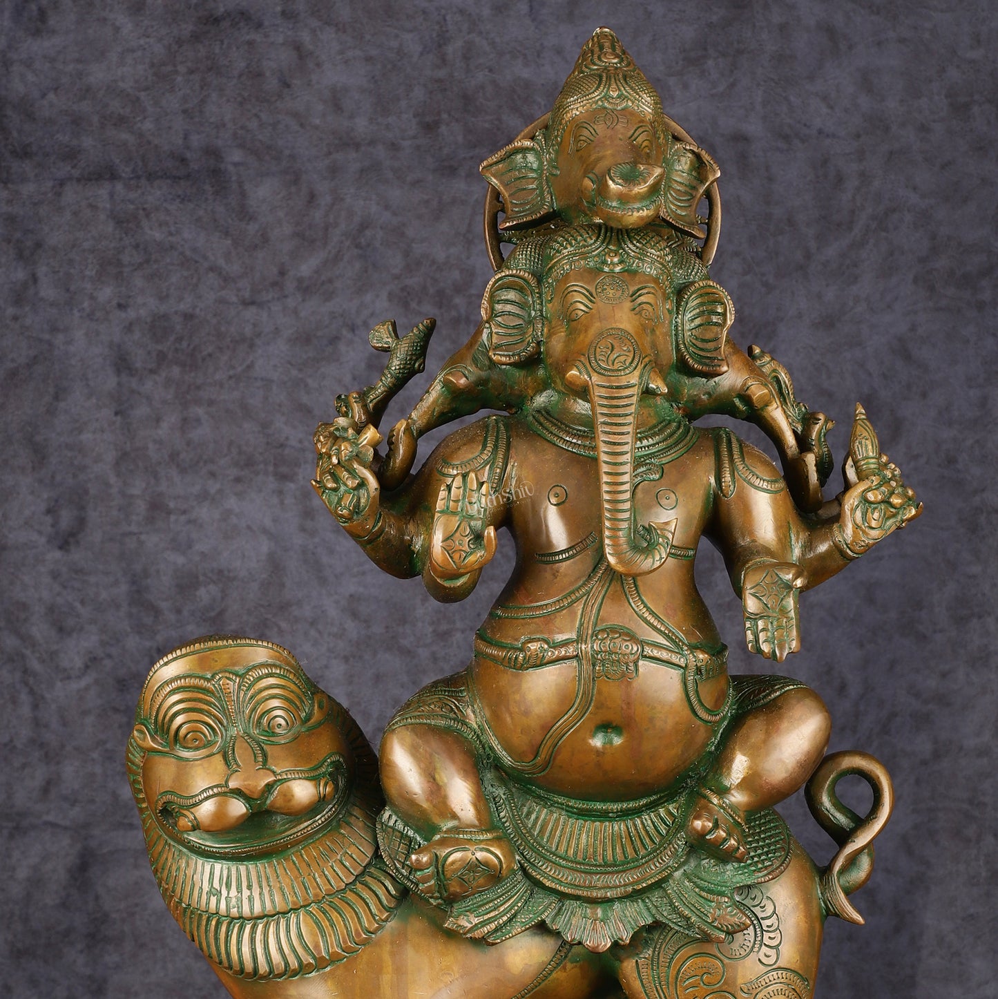 Handcrafted Heramba Ganapati Statue - 22.5" Antique Bronze Patina Finish