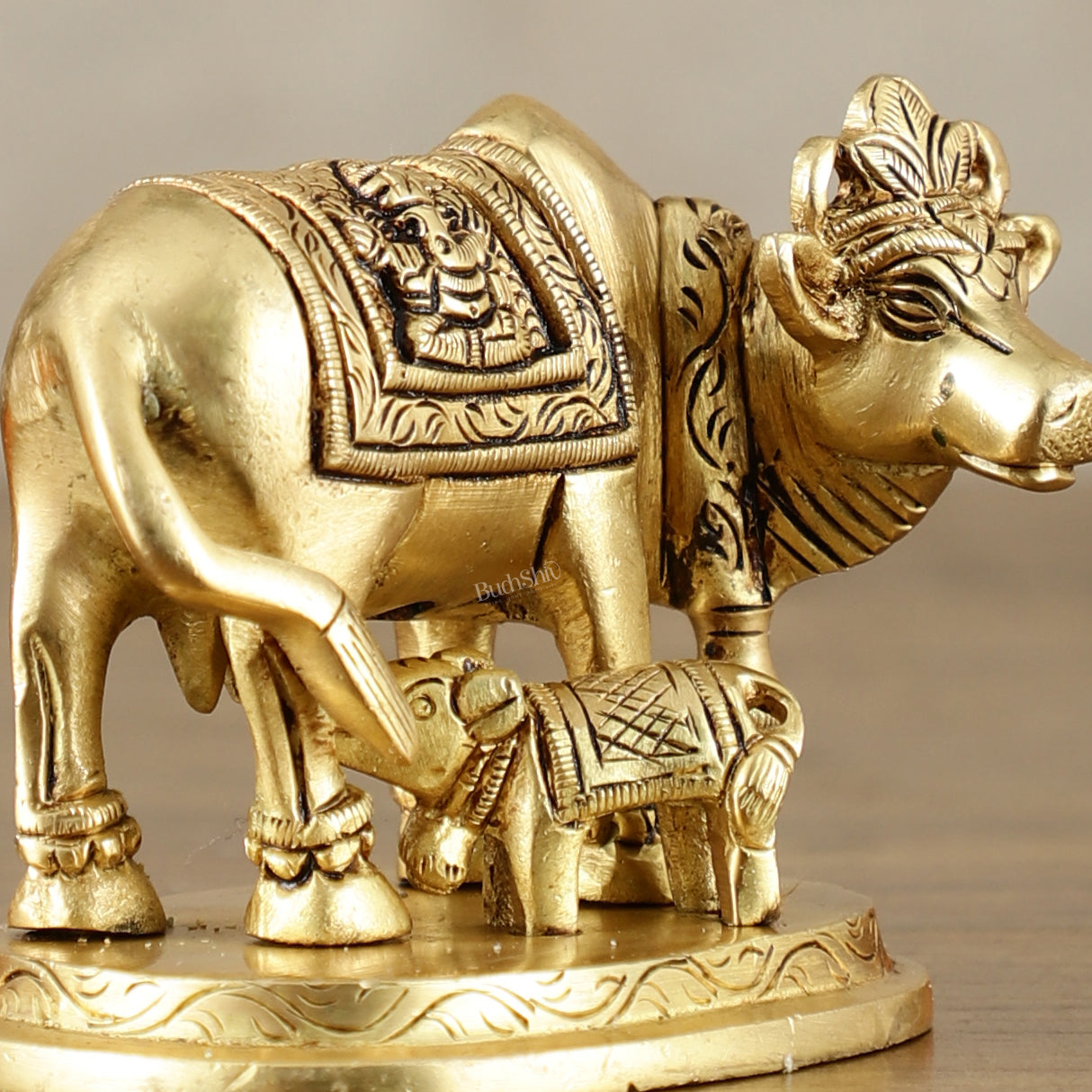 Small Brass kamdhenu Cow and Calf Idol 3"